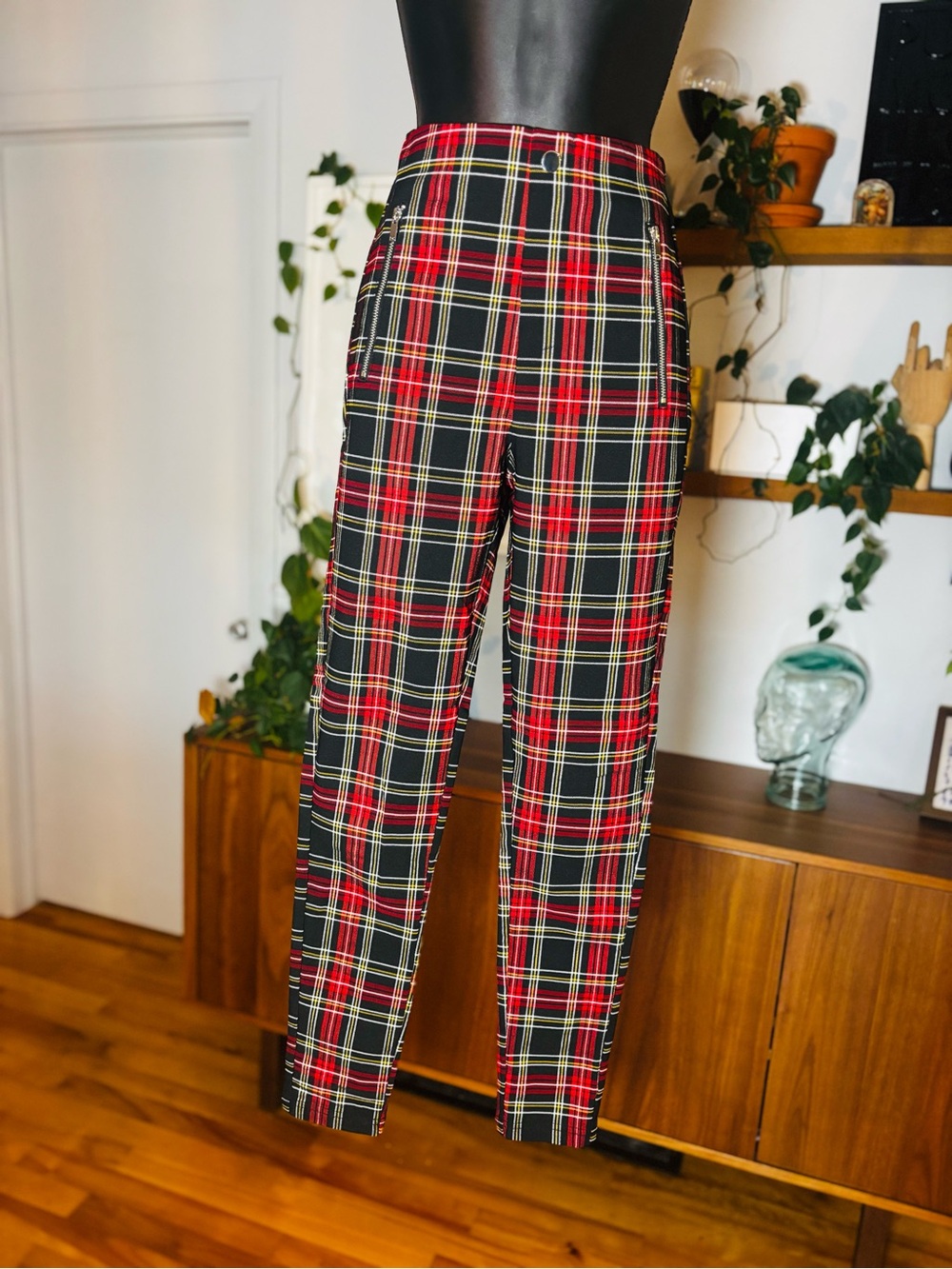 Zara Red Plaid Pull-On Trousers Leggings with Zippers - Size S